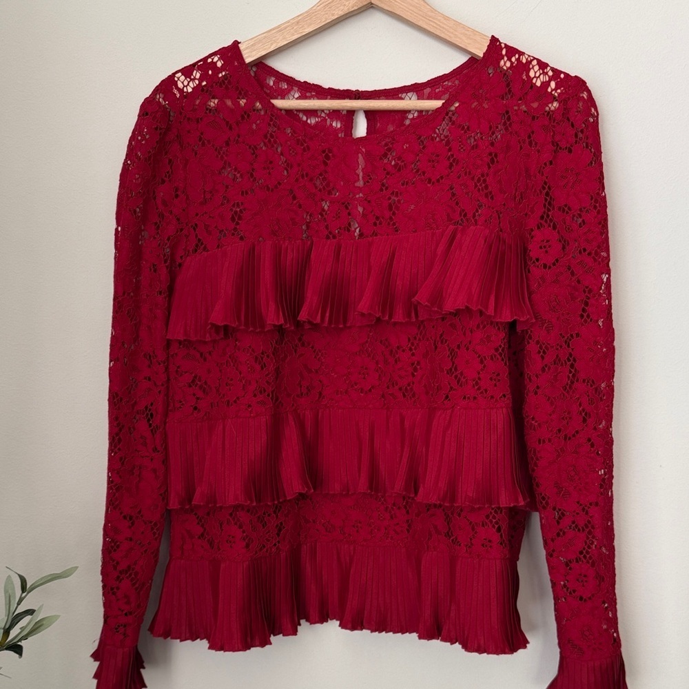 J. Crew Red Lace Blouse with Ruffle Details - Picture 2 of 10
